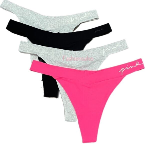 Victorias Secret Pink Set of 4 Soft Cotton Thong Panty Gray Black Pink Xlarge - Picture 1 of 9
